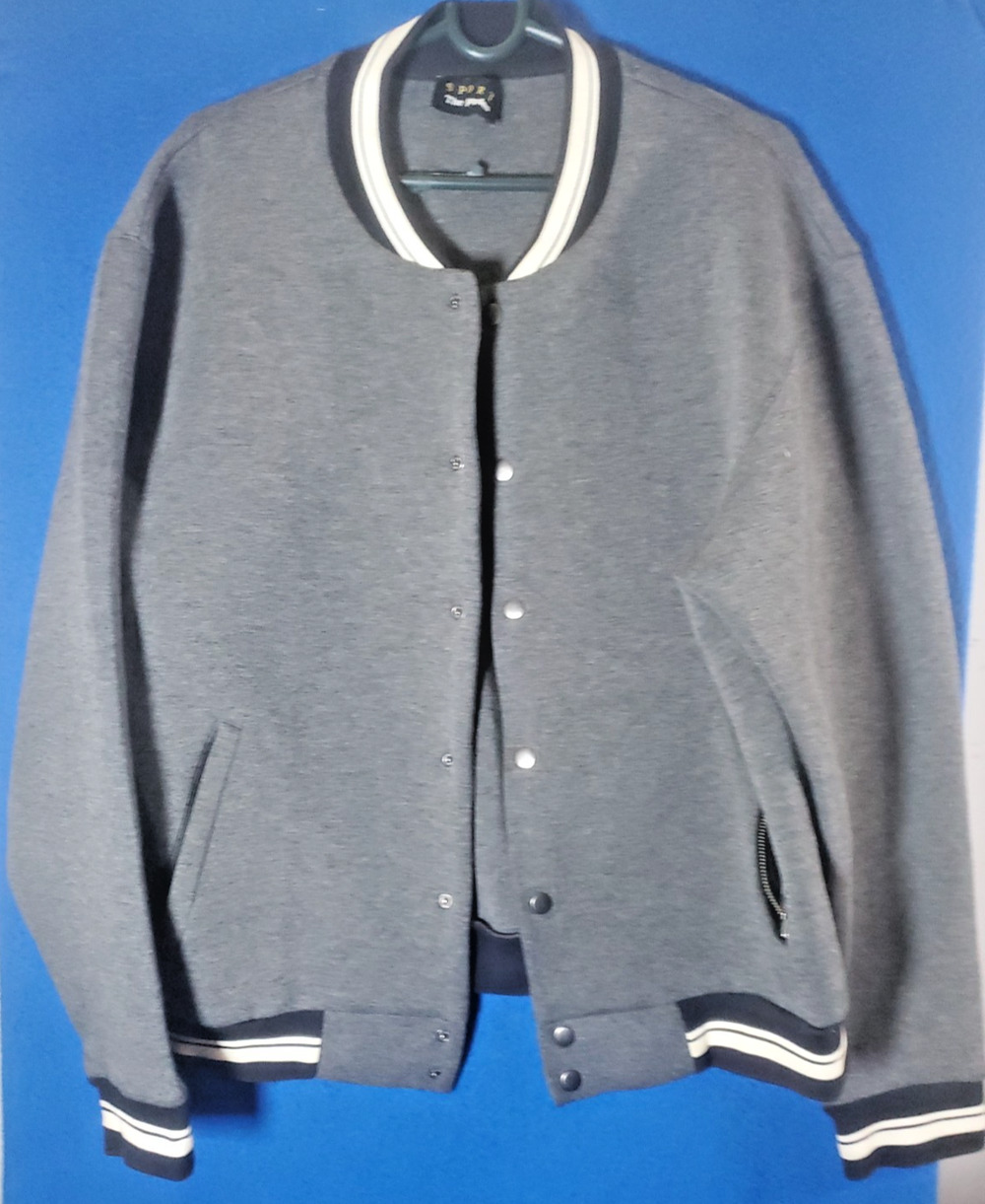 SPORT The Kooples Mens XL Varsity Bomber Jacket Gray Fleece Snap Front Strip